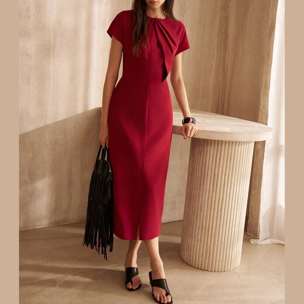 Crimson Red Gathered Neck Cutout Cap Sleeve Slit Maxi Dress